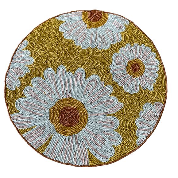 RACHEL ZOE Glass Hand Beaded Charger Placemat Bright Yellow & White Floral NEW - Picture 1 of 11